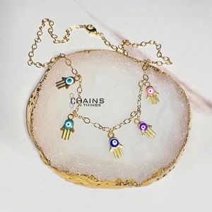 Hands charms colorful eyes Necklace 15.5" gold plated no fade cute chain jewelry